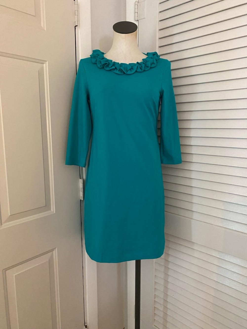 Green Teal “Talbots” Ruffle-Neck Mod Shift Dress- Size SP
